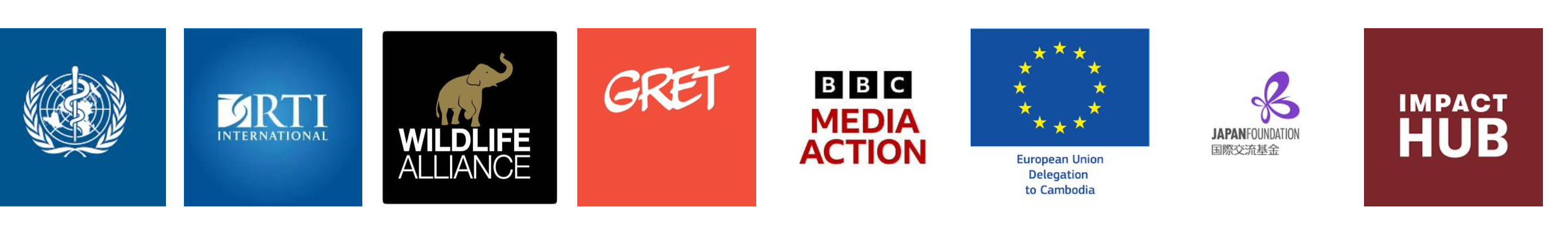 WHO, RTI International, Wildlife Alliance, GRET, BBC Media Action, European Union Delegation to Cambodia, Japan Foundation, and Impact Hub