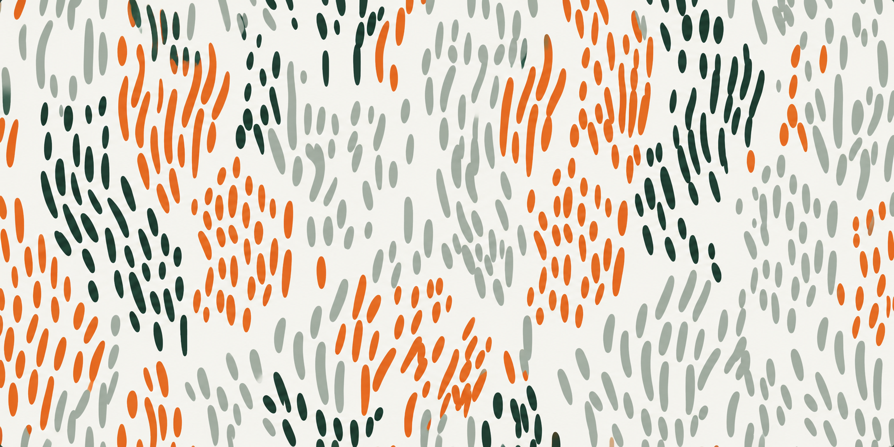 Clusters of hand-painted orange, green, and grey marks