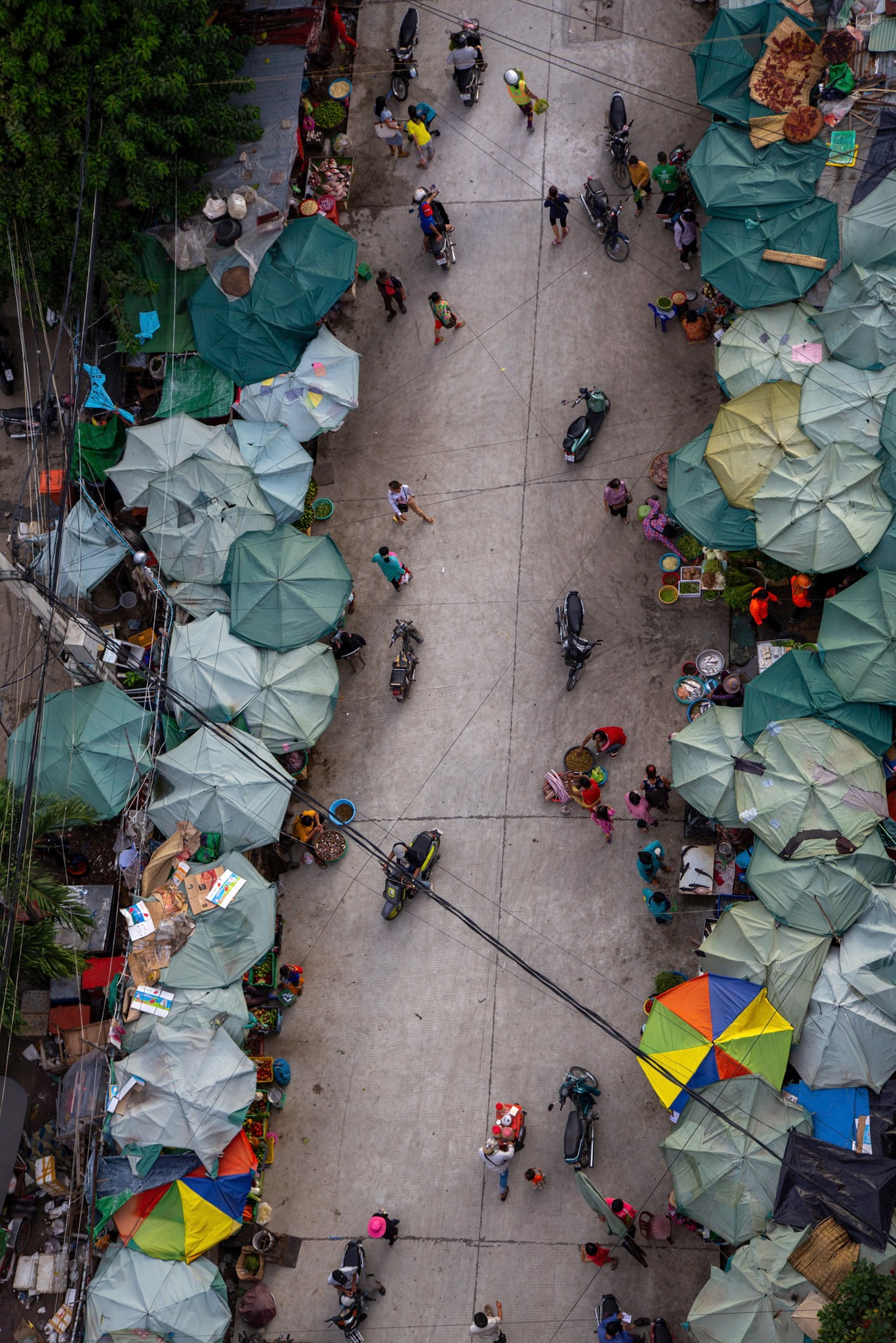 An aerial view of a busy local market in Phnom Penh